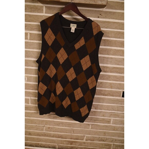 LL Bean Sweater Vest Mens 2XL Tall Brown Lambswool Argyle Academia preppy - Picture 2 of 7
